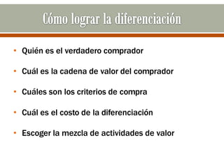 • Quién es el verdadero comprador
• Cuál es la cadena de valor del comprador
• Cuáles son los criterios de compra
• Cuál es el costo de la diferenciación
• Escoger la mezcla de actividades de valor
 