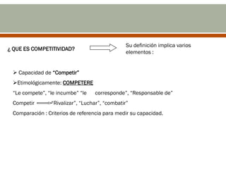 Su definición implica varios
¿ QUE ES COMPETITIVIDAD?
                                                elementos :


  Capacidad de “Competir”
 Etimológicamente: COMPETERE
 “Le compete”, “le incumbe” “le   corresponde”, “Responsable de”
 Competir       “Rivalizar”, “Luchar”, “combatir”
 Comparación : Criterios de referencia para medir su capacidad.
 