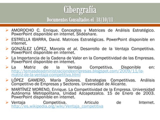  AMOROCHO C. Enrique. Conceptos y Matrices de Análisis Estratégico.
  PowerPoint disponible en internet. Slideshare.
 ESTRELLA IBARRA, David. Matrices Estratégicas. PowerPoint disponible en
  internet.
 GONZÁLEZ LÓPEZ, Marcela et al. Desarrollo de la Ventaja Competitiva.
  PowerPoint disponible en internet.
 La Importancia de la Cadena de Valor en la Competitividad de las Empresas.
  PowerPoint disponible en internet.
 La     Matriz    de     la     Ventaja    Competitiva.   Disponible     en:
  http://temasdeadministraciondeempresas.blogspot.com/2009/11/la-
  matriz-de-la-ventaja-competitiva.html
 LÓPEZ GAMERO, María Dolores. Estrategias Competitivas. Análisis
  Competitivo de Empresas y Sectores. Universidad de Alicante.
 MARTÍNEZ MORENO, Enrique. La Competitividad de la Empresa. Universidad
  Autónoma Metropolitana, Unidad Azcapotzalco. 15 de Enero de 2003.
  PowerPoint disponible en internet.
 Ventaja          Competitiva.          Articulo        de         Internet.
  http://es.wikipedia.org/wiki/Ventaja_competitiva
 