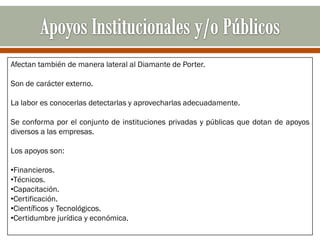 Afectan también de manera lateral al Diamante de Porter.

Son de carácter externo.

La labor es conocerlas detectarlas y aprovecharlas adecuadamente.

Se conforma por el conjunto de instituciones privadas y públicas que dotan de apoyos
diversos a las empresas.

Los apoyos son:

•Financieros.
•Técnicos.
•Capacitación.
•Certificación.
•Científicos y Tecnológicos.
•Certidumbre jurídica y económica.
 