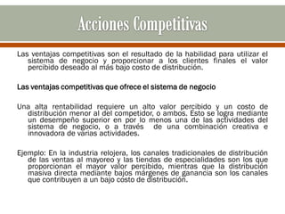 Las ventajas competitivas son el resultado de la habilidad para utilizar el
   sistema de negocio y proporcionar a los clientes finales el valor
   percibido deseado al más bajo costo de distribución.

Las ventajas competitivas que ofrece el sistema de negocio

Una alta rentabilidad requiere un alto valor percibido y un costo de
  distribución menor al del competidor, o ambos. Esto se logra mediante
  un desempeño superior en por lo menos una de las actividades del
  sistema de negocio, o a través de una combinación creativa e
  innovadora de varias actividades.

Ejemplo: En la industria relojera, los canales tradicionales de distribución
   de las ventas al mayoreo y las tiendas de especialidades son los que
   proporcionan el mayor valor percibido, mientras que la distribución
   masiva directa mediante bajos márgenes de ganancia son los canales
   que contribuyen a un bajo costo de distribución.
 