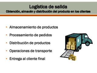 • Almacenamiento de productos

• Procesamiento de pedidos

• Distribución de productos

• Operaciones de transporte

• Entrega al cliente final
 