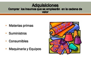 • Materias primas

• Suministros

• Consumibles

• Maquinaria y Equipos
 