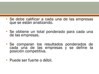 • Se debe calificar a cada una de las empresas
  que se están analizando.

• Se obtiene un total ponderado para cada una
  de las empresas.

• Se comparan los resultados ponderados de
  cada una de las empresas y se define la
  posición competitiva.

• Puede ser fuerte o débil.
 