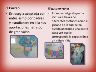 El Correo:  Estrategia aceptada con entusiasmo por padres y estudiantes en ella sus aportaciones han sido de gran valor. El gusano lector Promover el gusto por la lectura a través de diferentes métodos como el gusano en la cual se ha estado anexando una patita cada vez que le corresponde la exposición a un niño o niña. 