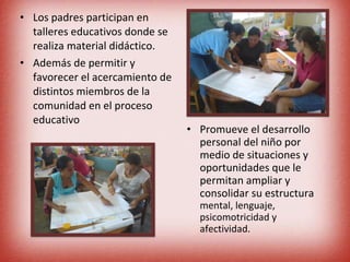 Los padres participan en talleres educativos donde se realiza material didáctico. Además de permitir y favorecer el acercamiento de distintos miembros de la comunidad en el proceso educativo Promueve el desarrollo personal del niño por medio de situaciones y oportunidades que le permitan ampliar y consolidar su estructura  mental, lenguaje, psicomotricidad y afectividad. 