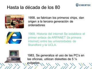 Hasta la década de los 80
1958, se fabrican los primeros chips, dan
origen a la tercera generación de
ordenadores
1969, Historia del internet Se establece el
primer enlace de ARPANET (la primera
internet) entre las universidades de
Standford y la UCLA.
1983, Se generaliza el uso de las PC’s en
las oficinas, utilizan diskettes de 5 ¼
pulgadas
 