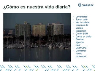 • Levantarse
• Tomar café
• Ver tu celular
• Informes de
ventas
• Instagram
• Correr 5KM
• Darse un baño
• Revisar
agenda
• Salir
• Usar GPS
• Confirmar
nuevo
proveedor
 