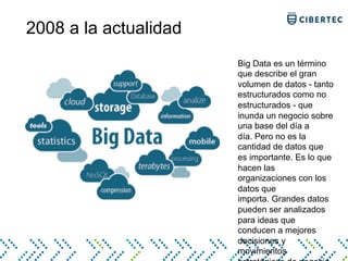 2008 a la actualidad
Big Data es un término
que describe el gran
volumen de datos - tanto
estructurados como no
estructurados - que
inunda un negocio sobre
una base del día a
día. Pero no es la
cantidad de datos que
es importante. Es lo que
hacen las
organizaciones con los
datos que
importa. Grandes datos
pueden ser analizados
para ideas que
conducen a mejores
decisiones y
movimientos
 