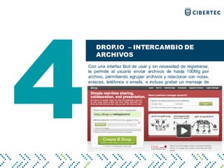 DROP.IO – INTERCAMBIO DE
ARCHIVOS
Con una interfaz fácil de usar y sin necesidad de registrarse,
le permite al usuario enviar archivos de hasta 100Mg por
archivo, permitiendo agrupar archivos y relacionar con notas,
enlaces, teléfonos o emails, e incluso grabar un mensaje de
audio.
4
 