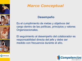 Marco Conceptual
Desempeño
Es el cumplimiento de metas y objetivos del
cargo dentro de las políticas, principios y valores
Organizacionales.
El seguimiento al desempeño del colaborador es
responsabilidad directa del jefe y debe ser
medido con frecuencia durante el año.
 