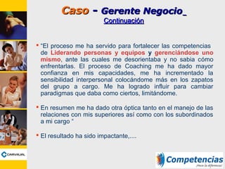 CasoCaso -- Gerente NegocioGerente Negocio
ContinuaciContinuaciónón
 “El proceso me ha servido para fortalecer las competencias
de Liderando personas y equipos y gerenciándose uno
mismo, ante las cuales me desorientaba y no sabia cómo
enfrentarlas. El proceso de Coaching me ha dado mayor
confianza en mis capacidades, me ha incrementado la
sensibilidad interpersonal colocándome más en los zapatos
del grupo a cargo. Me ha logrado influir para cambiar
paradigmas que daba como ciertos, limitándome.
 En resumen me ha dado otra óptica tanto en el manejo de las
relaciones con mis superiores así como con los subordinados
a mi cargo “
 El resultado ha sido impactante,....
 