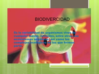 BIODIVERCIDAD

Es la variabilidad de organismos vivos de
cualquier fuente, incluidos, entre otros, los
ecosistemas acuáticos, así como los
complejos ecológicos de los que forman
parte.
 