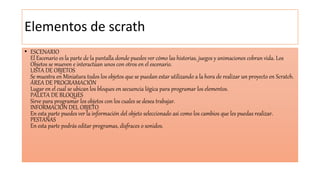 Elementos de scrath
• ESCENARIO
El Escenario es la parte de la pantalla donde puedes ver cómo las historias, juegos y animaciones cobran vida. Los
Objetos se mueven e interactúan unos con otros en el escenario.
LISTA DE OBJETOS
Se muestra en Miniatura todos los objetos que se puedan estar utilizando a la hora de realizar un proyecto en Scratch.
ÁREA DE PROGRAMACIÓN
Lugar en el cual se ubican los bloques en secuencia lógica para programar los elementos.
PALETA DE BLOQUES
Sirve para programar los objetos con los cuales se desea trabajar.
INFORMACIÓN DEL OBJETO
En esta parte puedes ver la información del objeto seleccionado así como los cambios que les puedas realizar.
PESTAÑAS
En esta parte podrás editar programas, disfraces o sonidos.
 