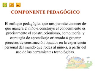 COMPONENTE PEDAGÓGICO El enfoque pedagógico que nos permite conocer de qué manera el niño-a construye el conocimiento es precisamente el construccionismo, como teoría  y estrategia de aprendizaje orientado a generar procesos de construcción basados en la experiencia personal del mundo que rodea al niño-a, a partir del uso de las herramientas tecnológicas. 