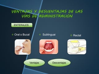 ENTERALES
 Oral o Bucal
Ventajas Desventajas
 Sublingual  Rectal
 