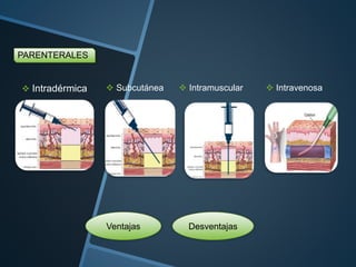 PARENTERALES
 Intradérmica  Subcutánea  Intramuscular  Intravenosa
Ventajas Desventajas
 