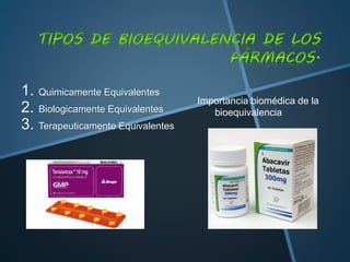 1. Quimicamente Equivalentes
2. Biologicamente Equivalentes
3. Terapeuticamente Equivalentes
Importancia biomédica de la
bioequivalencia
 