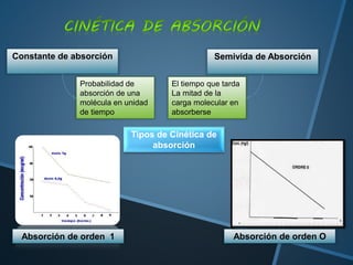 Constante de absorción
Probabilidad de
absorción de una
molécula en unidad
de tiempo
Semivida de Absorción
El tiempo que tarda
La mitad de la
carga molecular en
absorberse
Absorción de orden 1 Absorción de orden O
Tipos de Cinética de
absorción
 