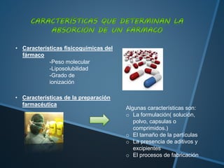 • Características fisicoquímicas del
fármaco
• Características de la preparación
farmacéutica
Algunas características son:
o La formulación( solución,
polvo, capsulas o
comprimidos.)
o El tamaño de la partículas
o La presencia de aditivos y
excipientes
o El procesos de fabricación
-Peso molecular
-Liposolubilidad
-Grado de
ionización
 