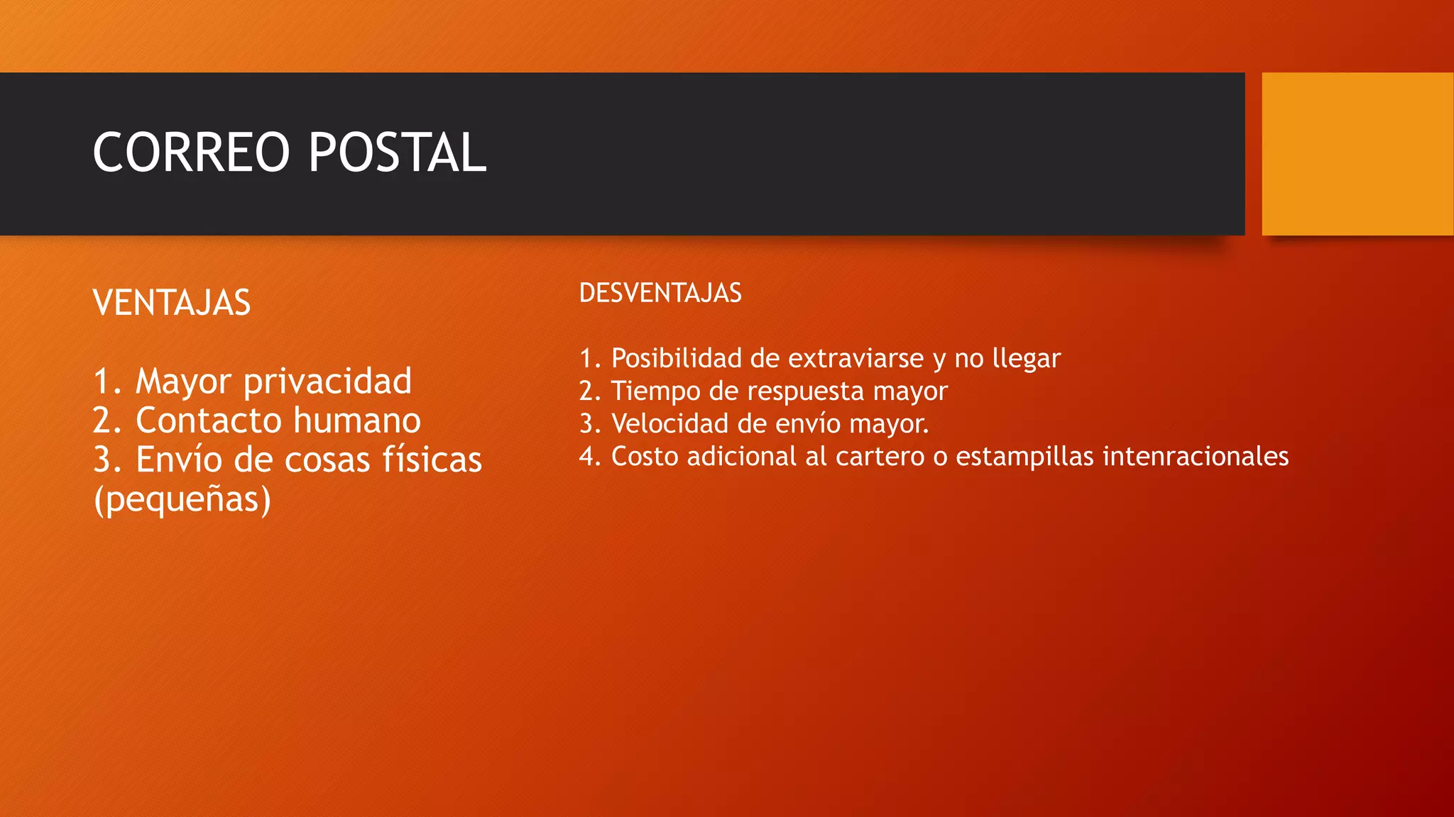 Ventajas y desventajas (Correo electrónico y postal) | PPTX