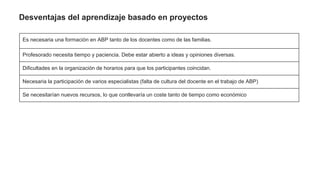 Desventajas del aprendizaje basado en proyectos
Es necesaria una formación en ABP tanto de los docentes como de las familias.
Profesorado necesita tiempo y paciencia. Debe estar abierto a ideas y opiniones diversas.
Dificultades en la organización de horarios para que los participantes coincidan.
Necesaria la participación de varios especialistas (falta de cultura del docente en el trabajo de ABP)
Se necesitarían nuevos recursos, lo que conllevaría un coste tanto de tiempo como económico
 