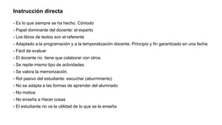 Instrucción directa
- Es lo que siempre se ha hecho. Cómodo
- Papel dominante del docente: el experto
- Los libros de textos son el referente
- Adaptado a la programación y a la temporalización docente. Principio y fin garantizado en una fecha
- Fácil de evaluar
- El docente no tiene que colaborar con otros
- Se repite mismo tipo de actividades.
- Se valora la memorización.
- Rol pasivo del estudiante: escuchar (aburrimiento)
- No se adapta a las formas de aprender del alumnado
- No motiva
- No enseña a Hacer cosas
- El estudiante no ve la utilidad de lo que se le enseña
 