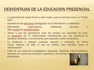 DESVENTAJAS DE LA EDUCACION PRESENCIALLa pasividad del sujeto frente a este medio, pues se percibe como un "medio fácil".Inexistencia de estructura pedagógica en la información y multimedia.Dificultades organizativas, problemas técnicos y altos costos de mantenimiento.Temor a que los estudiantes vean los medios con pasividad de mirar un programa de TV (telenovelas) caracterizado por una tendencia al facilismo inmediato, inconveniente para aprender ciertos contenidos.La tendencia a trabajar cualquier aspecto o contenido de forma virtual, dejando de lado el uso de medios más sencillos como el retroproyector.Falta de una estructura pedagógica adecuada, diseñada intencionalmente teniendo en cuenta los procesos cognitivos y las formas de aprender de los estudiantes.