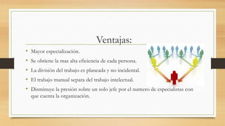 Ventajas:
• Mayor especialización.
• Se obtiene la mas alta eficiencia de cada persona.
• La división del trabajo es planeada y no incidental.
• El trabajo manual separa del trabajo intelectual.
• Disminuye la presión sobre un solo jefe por el numero de especialistas con
que cuenta la organización.