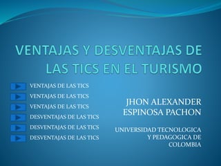 JHON ALEXANDER
ESPINOSA PACHON
UNIVERSIDAD TECNOLOGICA
Y PEDAGOGICA DE
COLOMBIA
VENTAJAS DE LAS TICS
VENTAJAS DE LAS TICS
VENTAJAS DE LAS TICS
DESVENTAJAS DE LAS TICS
DESVENTAJAS DE LAS TICS
DESVENTAJAS DE LAS TICS
 