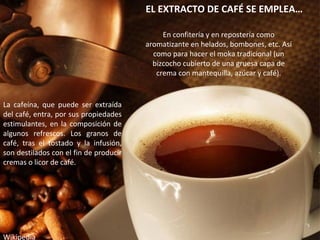 EL EXTRACTO DE CAFÉ SE EMPLEA…

                                             En confitería y en repostería como
                                        aromatizante en helados, bombones, etc. Así
                                          como para hacer el moka tradicional (un
                                          bizcocho cubierto de una gruesa capa de
                                           crema con mantequilla, azúcar y café).


La cafeína, que puede ser extraída
del café, entra, por sus propiedades
estimulantes, en la composición de
algunos refrescos. Los granos de
café, tras el tostado y la infusión,
son destilados con el fin de producir
cremas o licor de café.




Wikipedia
 