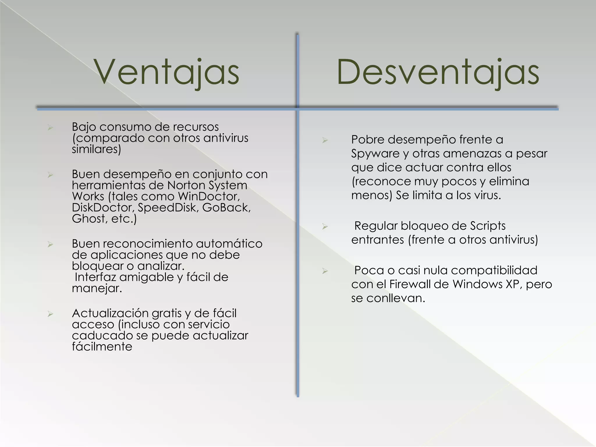 VentajasDesventajasBajo consumo de recursos (comparado con otros antivirus similares)