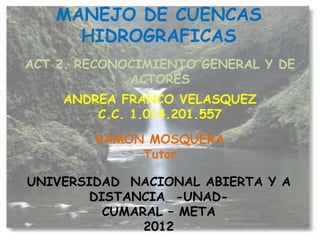 MANEJO DE CUENCAS
     HIDROGRAFICAS
ACT 2. RECONOCIMIENTO GENERAL Y DE
             ACTORES
    ANDREA FRANCO VELASQUEZ
        C.C. 1.014.201.557

        RAMON MOSQUERA
             Tutor

UNIVERSIDAD NACIONAL ABIERTA Y A
        DISTANCIA -UNAD-
          CUMARAL – META
               2012
 