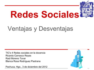 Redes Sociales
 Ventajas y Desventajas


TIC's 4 Redes sociales en la docencia
Ricardo Carrasco Reyes
Raúl Moreno Tovar
Blanca Rosa Rodríguez Pastrana

Pachuca, Hgo., 3 de diciembre del 2012
 
