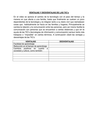 VENTAJAS Y DESVENTAJAS DE LAS TIC’s
En el video se aprecia el cambio de la tecnología con el paso del tiempo y la
manera en que afecta a una familia, hasta que finalmente se vuelven un poco
dependientes de la tecnología y la integran tanto a su diario vivir que reemplazan
cosas que habitualmente se hacía en las familias y hogares, Principalmente se
cambia la relación y la comunicación entre las personas, pero así mismo facilita la
comunicación con personas que se encuentran a ciertas distancias y que sin la
ayuda de las TIC’s (tecnologías de información y comunicación) seríaun tanto más
trabajoso o ‘‘imposible’’ en ciertos términos. A continuación citaré las ventajas y
desventajas de las TIC’s:
VENTAJAS DESVENTAJAS
Facilidad de aprendizaje
Reducción en el tiempo de aprendizaje
Cambios positivos en cuanto a
sociedad y cultura, como también
 