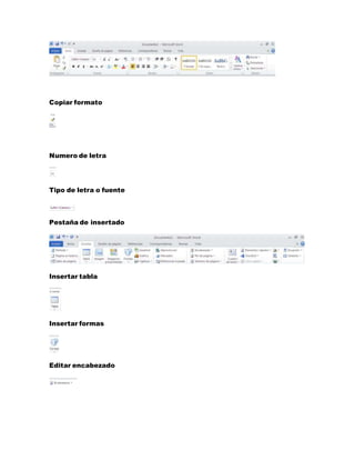 Copiar formato 
Numero de letra 
Tipo de letra o fuente 
Pestaña de insertado 
Insertar tabla 
Insertar formas 
Editar encabezado 
 