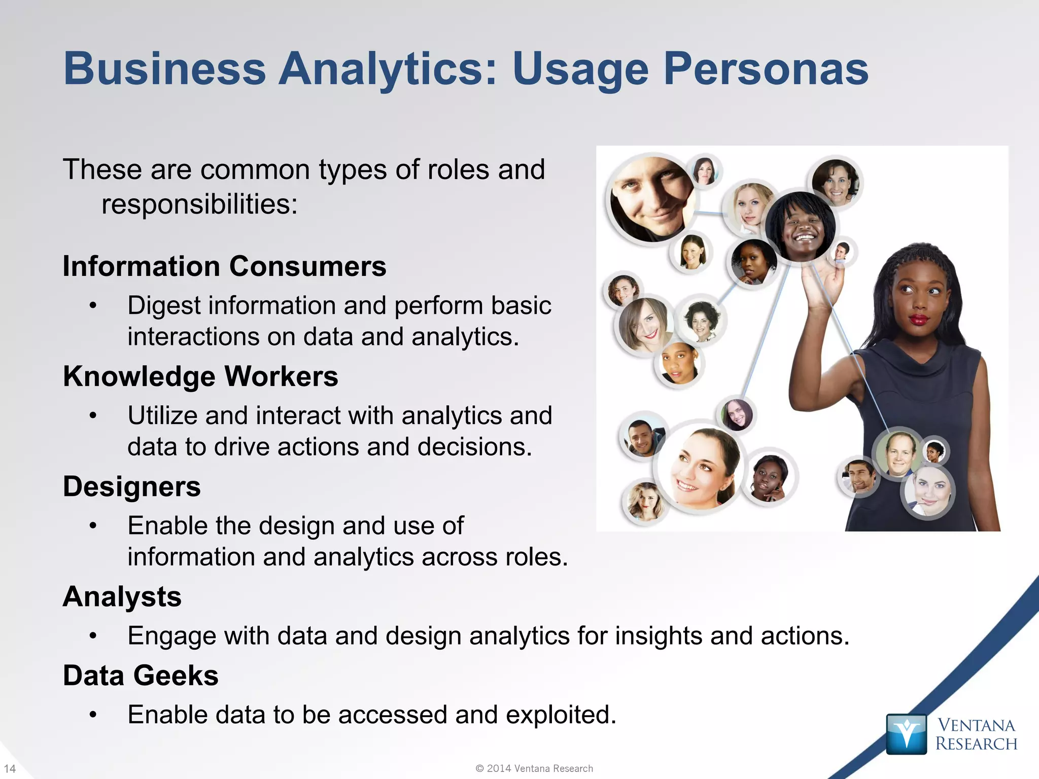 © 2014 Ventana Research14 © 2014 Ventana Research14
Business Analytics: Usage Personas
These are common types of roles and
responsibilities:
Information Consumers
• Digest information and perform basic
interactions on data and analytics.
Knowledge Workers
• Utilize and interact with analytics and
data to drive actions and decisions.
Designers
• Enable the design and use of
information and analytics across roles.
Analysts
• Engage with data and design analytics for insights and actions.
Data Geeks
• Enable data to be accessed and exploited.
 