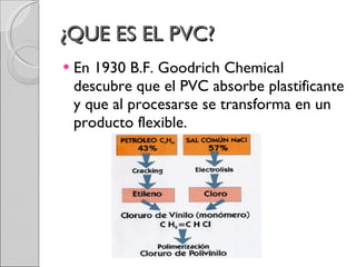 ¿QUE ES EL PVC? En 1930 B.F. Goodrich Chemical descubre que el PVC absorbe plastificante y que al procesarse se transforma en un producto flexible.  