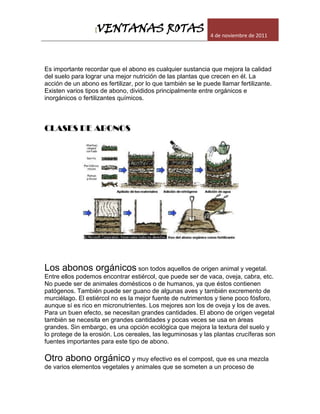 [VENTANAS ROTAS                             4 de noviembre de 2011




Es importante recordar que el abono es cualquier sustancia que mejora la calidad
del suelo para lograr una mejor nutrición de las plantas que crecen en él. La
acción de un abono es fertilizar, por lo que también se le puede llamar fertilizante.
Existen varios tipos de abono, divididos principalmente entre orgánicos e
inorgánicos o fertilizantes químicos.



CLASES DE ABONOS




Los abonos orgánicos son todos aquellos de origen animal y vegetal.
Entre ellos podemos encontrar estiércol, que puede ser de vaca, oveja, cabra, etc.
No puede ser de animales domésticos o de humanos, ya que éstos contienen
patógenos. También puede ser guano de algunas aves y también excremento de
murciélago. El estiércol no es la mejor fuente de nutrimentos y tiene poco fósforo,
aunque sí es rico en micronutrientes. Los mejores son los de oveja y los de aves.
Para un buen efecto, se necesitan grandes cantidades. El abono de origen vegetal
también se necesita en grandes cantidades y pocas veces se usa en áreas
grandes. Sin embargo, es una opción ecológica que mejora la textura del suelo y
lo protege de la erosión. Los cereales, las leguminosas y las plantas crucíferas son
fuentes importantes para este tipo de abono.

Otro abono orgánico y muy efectivo es el compost, que es una mezcla
de varios elementos vegetales y animales que se someten a un proceso de
 