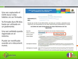 Una vez capturado el
COVE dura 5 días
hábiles sin ser firmado.

Ya firmado dura 90 días
hasta ser utilizado en
un pedimento.

Una vez validado queda
registrado en el           e-document
sistema.

Puede ser rectificado
usando un e-document
nuevo.
 