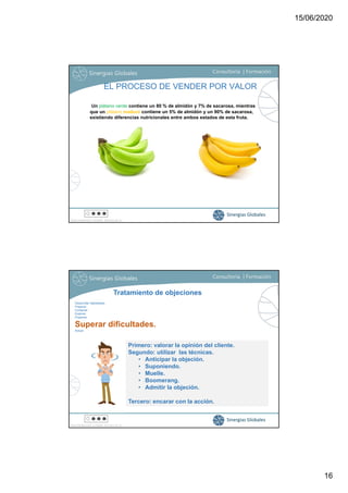15/06/2020
16
Sinergias Globales
EL PROCESO DE VENDER POR VALOR
Un plátano verde contiene un 80 % de almidón y 7% de sacar...
