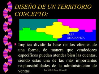 DISEÑO DE UN TERRITORIO CONCEPTO: Implica dividir la base de los clientes de una forma, de manera que vendedores específicos puedan atender bien las cuentas, siendo estas una de las más importantes responsabilidades de la administración de ventas.  AREA  GEOGRAFICA 