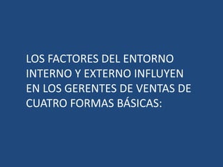 LOS FACTORES DEL ENTORNO
INTERNO Y EXTERNO INFLUYEN
EN LOS GERENTES DE VENTAS DE
CUATRO FORMAS BÁSICAS:
 