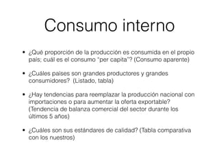 Consumo interno
• ¿Qué proporción de la producción es consumida en el propio
  país; cuál es el consumo “per capita”? (Consumo aparente)

• ¿Cuáles países son grandes productores y grandes
  consumidores? (Listado, tabla)

• ¿Hay tendencias para reemplazar la producción nacional con
  importaciones o para aumentar la oferta exportable?
  (Tendencia de balanza comercial del sector durante los
  últimos 5 años)

• ¿Cuáles son sus estándares de calidad? (Tabla comparativa
  con los nuestros)
 