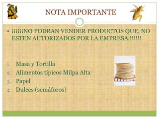 NOTA IMPORTANTE

 ¡¡¡¡¡¡NO PODRAN VENDER PRODUCTOS QUE, NO
     ESTEN AUTORIZADOS POR LA EMPRESA.!!!!!!



1. Masa y Tortilla
2. Alimentos típicos Milpa Alta
3. Papel
4. Dulces (semáforos)
 