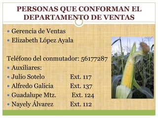 PERSONAS QUE CONFORMAN EL
    DEPARTAMENTO DE VENTAS
 Gerencia de Ventas
 Elizabeth López Ayala


Teléfono del conmutador: 56177287
 Auxiliares:
 Julio Sotelo       Ext. 117
 Alfredo Galicia    Ext. 137
 Guadalupe Mtz.     Ext. 124
 Nayely Álvarez     Ext. 112
 