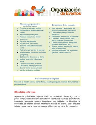Planeación, organización y
                                                    Conocimiento de los productos
            control del trabajo
   •   Proyectar una imagen positiva            •   Usos primarios y secundarios del
   •   No exagerar la familiaridad con el           producto (versatilidad, adecuación)
       cliente                                  •   Cómo usarlo (manejo, consumo,
   •   Apoyarse en mucha gente                      aplicación)
   •   Resolver problemas y ofrecer             •   Desempeño del producto (durabilidad)
   •   soluciones                               •   Cómo esta hecho (tamaño, peso,
   •   Escuchar atentamente                         textura, acabado, prensado etc.)
                                                •   Cómo cuidarlo (asearlo, manipularlo,
   •   No descuidar a su cliente
                                                    ajustarlo, almacenarlo, etc.)
   •   Terminar adecuadamente cada
                                                •   Aspecto estético del producto (belleza,
       venta                                        estilo, combinación)
   •   Pedir a tiempo la orden de comprar       •   Servicios disponibles con el producto
   •   Investigar bien los deseos del cliente       (garantía, crédito, Servicio)
       (preguntar)
   •   Satisfacer los deseos de su cliente
   •   Mejorar a diario los métodos de
       venta
   •   Crear oportunidades de venta
   •   Utilizar bien el tiempo planeado
   •   Decir al cliente lo que quiera oír
   •   Vender verdaderas ventajas




                             Conocimiento de la Empresa
Conocer la misión, visión, planta física, escala jerárquica, manual de funciones y
procedimientos



Dificultades en la venta

Argumentar pobremente, bajar el precio sin necesidad, ofrecer algo que no
puede cumplir, asesinar la venta con actitudes y conductas negativas, estar afanado,
impaciente, prepotente, grosero, inconstante, muy hablador, no identificar la
necesidad del cliente, ignorar información básica del cliente, usar excusas
fatales, cerrar mal la venta, no manejar objeciones por parte del comprador.
 