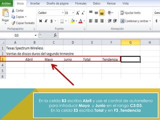 En la celda B3 escriba Abril y use el control de autorrelleno
para introducir Mayo y Junio en el rango C3:D3.
En la celda E3 escriba Total y en F3 ,Tendencia

 