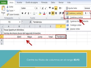 Centre los títulos de columnas en el rango B3:F3

 