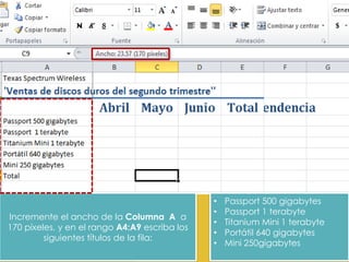 Incremente el ancho de la Columna A a
170 píxeles, y en el rango A4:A9 escriba los
siguientes títulos de la fila:

•
•
•
•
•

Passport 500 gigabytes
Passport 1 terabyte
Titanium Mini 1 terabyte
Portátil 640 gigabytes
Mini 250gigabytes

 